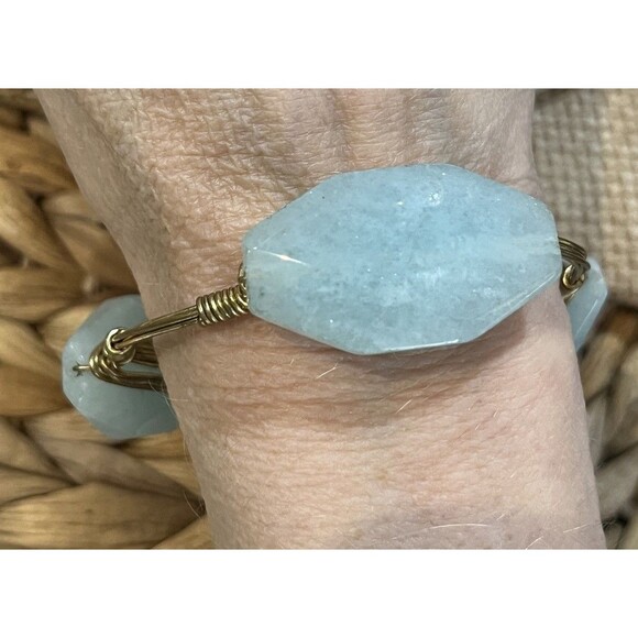 BOURBON & BOWETIES Gold Tone Bracelet Bangle Aquamarine Boho Hippie Gypsy - Picture 1 of 7